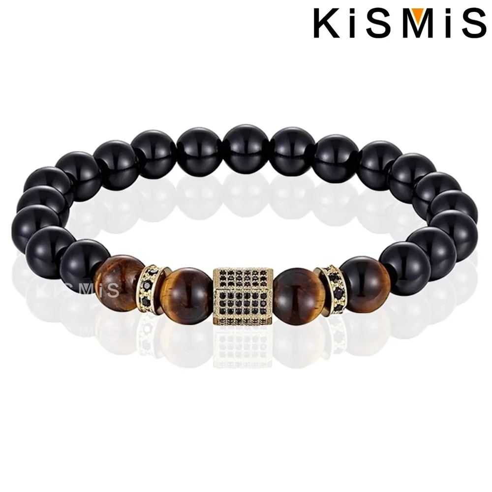 KISMIS 1PC Natural Stone Matte Onyx Stone & Tiger Eye Combination Stitching with Cubic Zircon Hand Jewelry Beads Bracelet