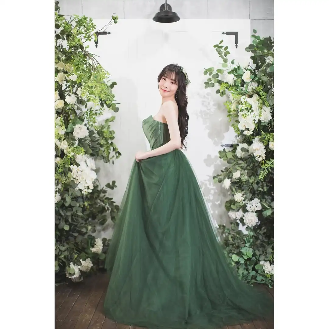 Bowith Forest Green Korean Wedding Dresses ウェディングドレス Strapless Satin and Tulle Japan パーティードレス Customized Evening Dresses