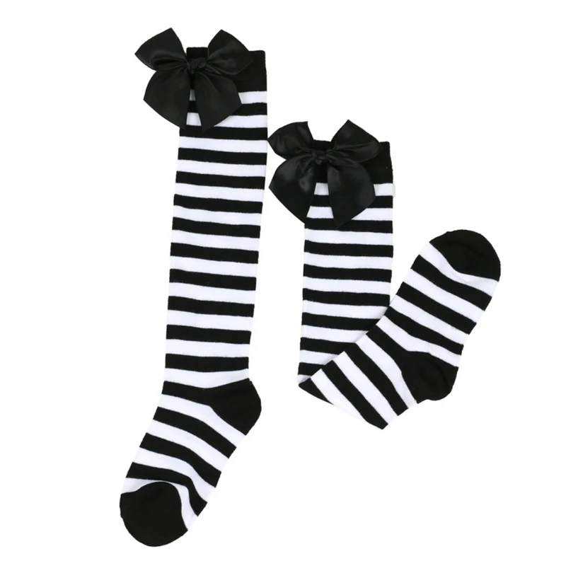 Girls Fashion Striped Bowknot Socks Elastic Top Breathable School Party Everyday Use Knee Stockings 425F