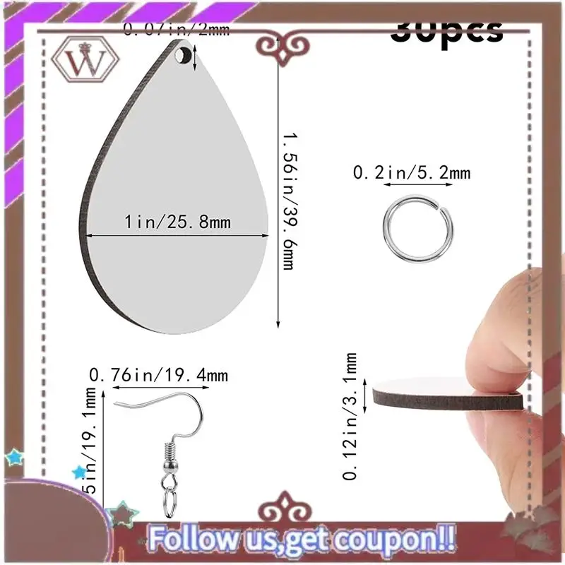 A95D-30 Pcs Sublimation Blanks Products, Sublimation Earring Blanks With Earring Hooks And Jump Rings