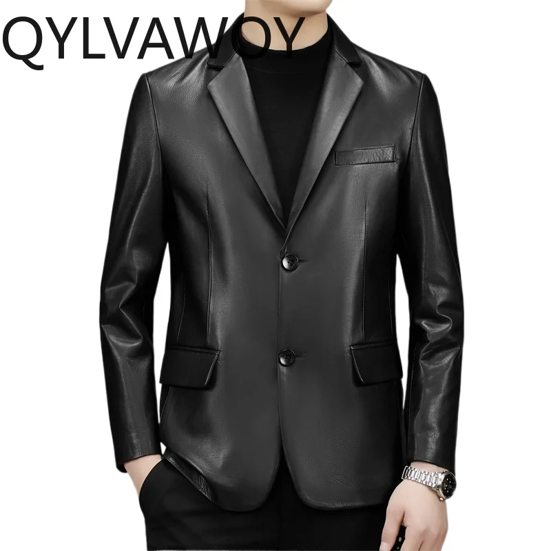 QYLVAWOY Genuine Cow Leather Jacket for Men Tailored Collar Man Clothes Luxury Business Casual Jackets Autumn New Куртка Осенняя