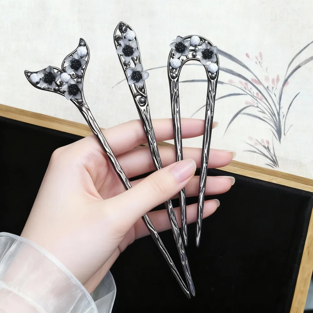 

Chinese Style U Shaped Flower Hairpin Ink Colored Flower Hair Clip Pins Female Elegant Metal Hair Stick Girl Gifts