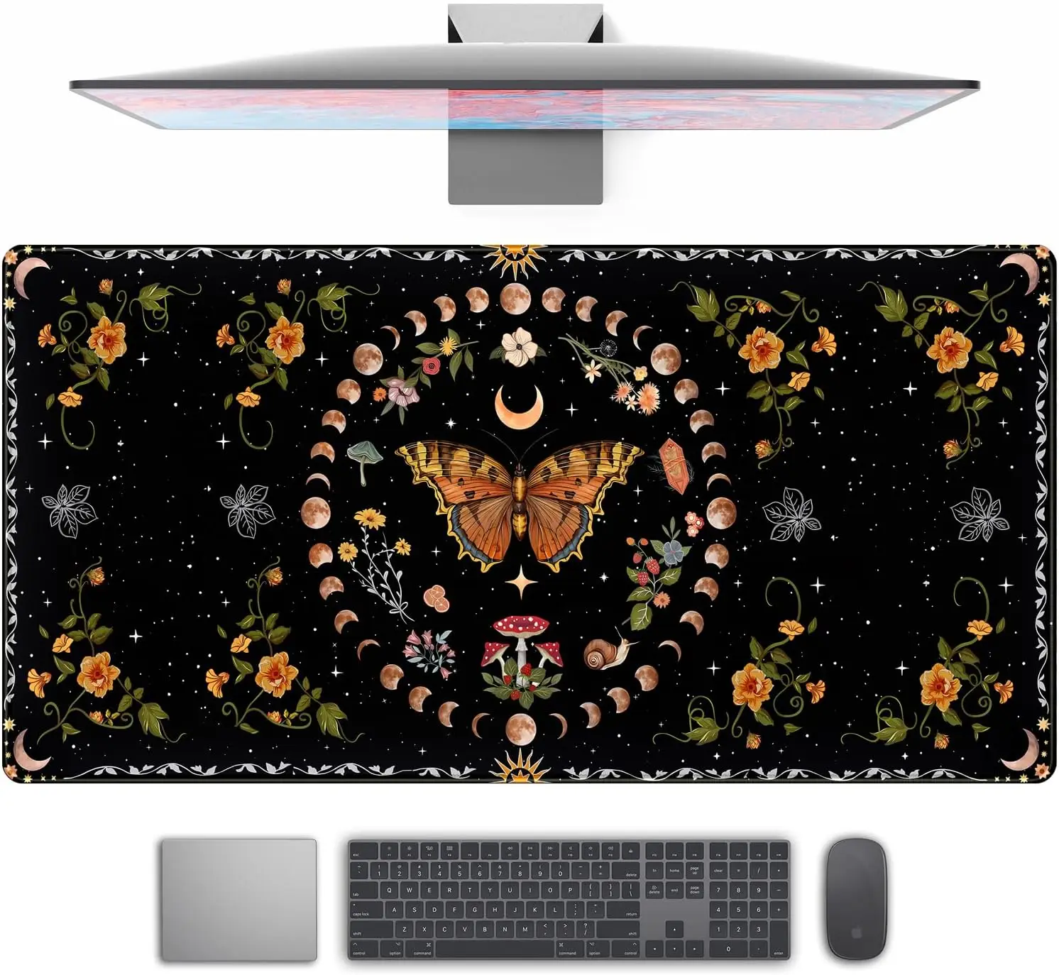 Almohadilla de escritorio de polilla, alfombrilla de escritorio de fase lunar con fase de seta, flores y hojas bohemias, alfombrilla grande para ratón para ordenador, tela lavable, goma antideslizante