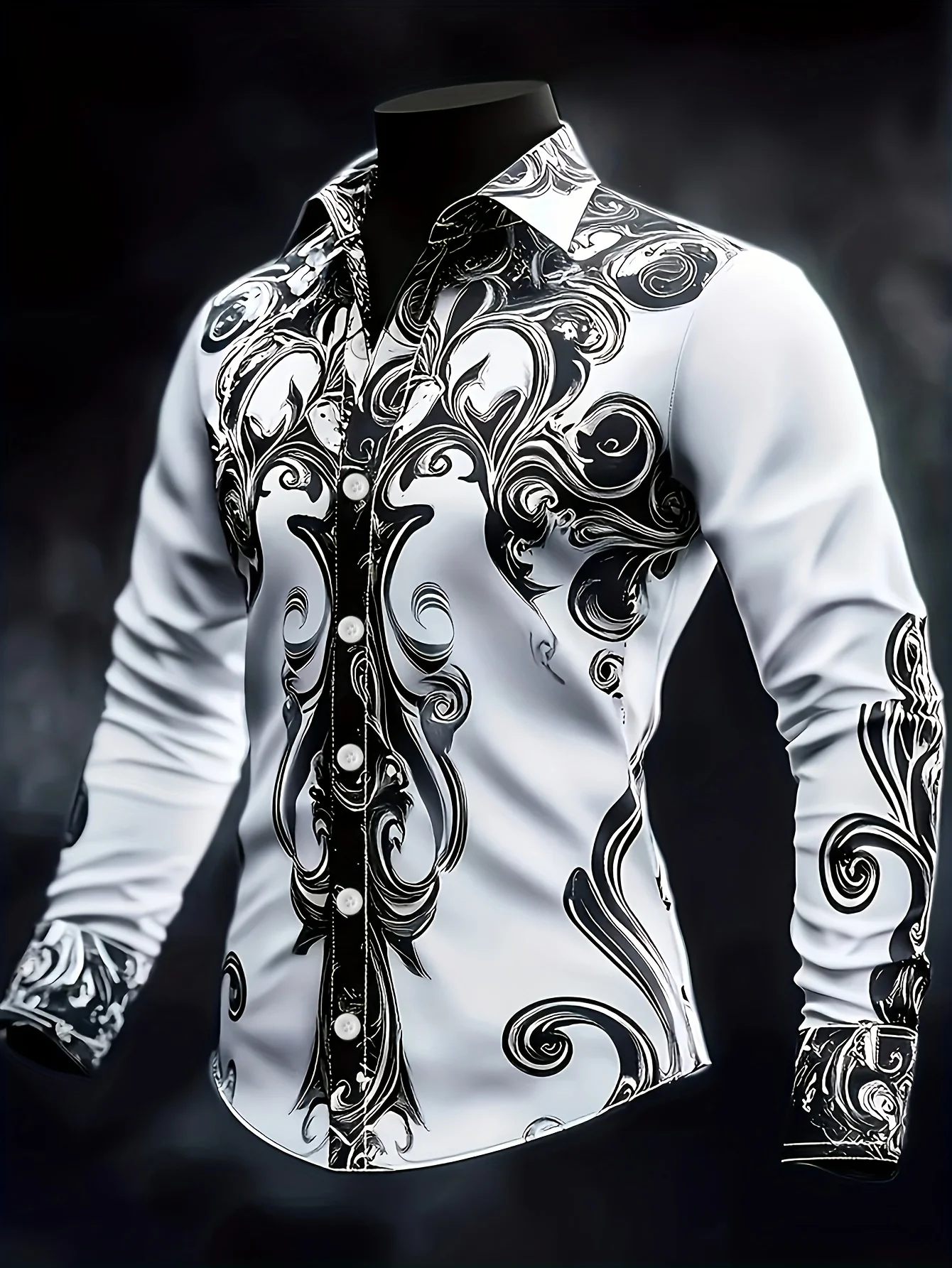 Gothic Baroque Men Lapel Collar Shirt Bright Purple‑Base Vintage Ornament Art Print Polyester Long‑Sleeve Blouse