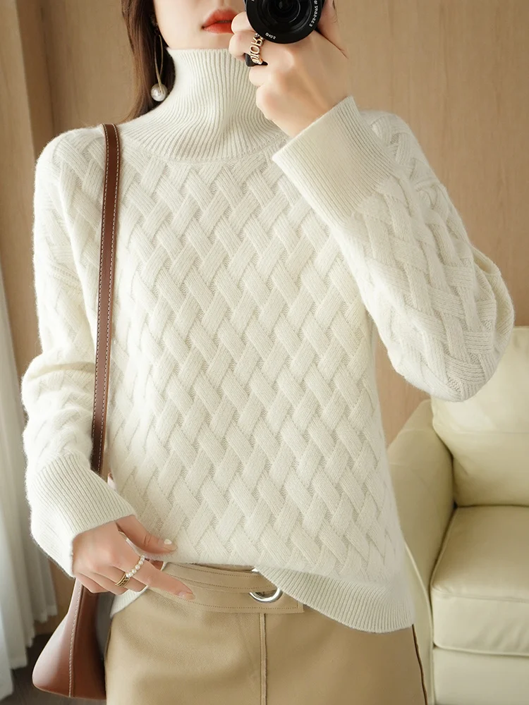 Fashion Women Turtleneck Pullovers 100% Merino Wool Sweater Autumn Winter Thick Warm Soft Casual Cashmere Knitwear Korean Tops