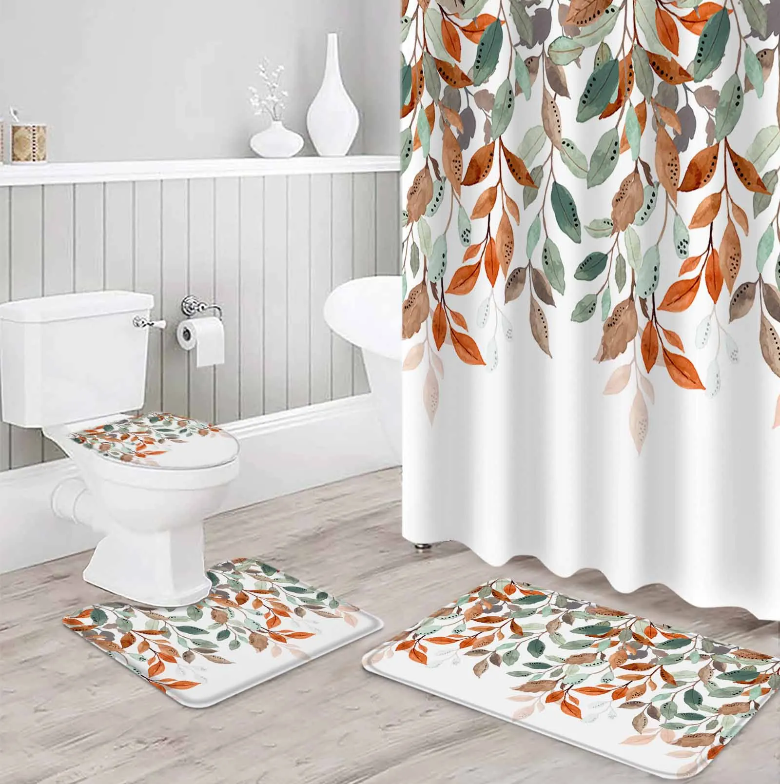 Village colour polyester printed shower curtain bathroom set,luxurious curtainsabstract 4-piece setcoral fleece floor mat