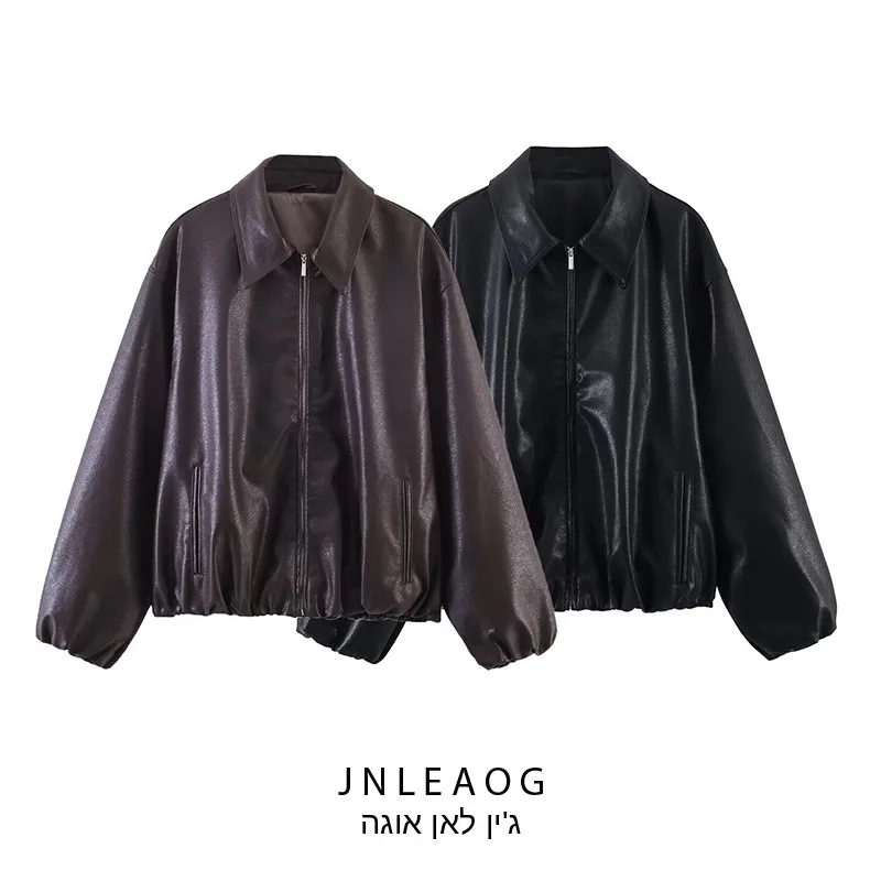 

Fashionable Street Style Women's Leather Jacket Spring New Arrival Versatile Design High-End Feel Synthetic Leather Long Slee...