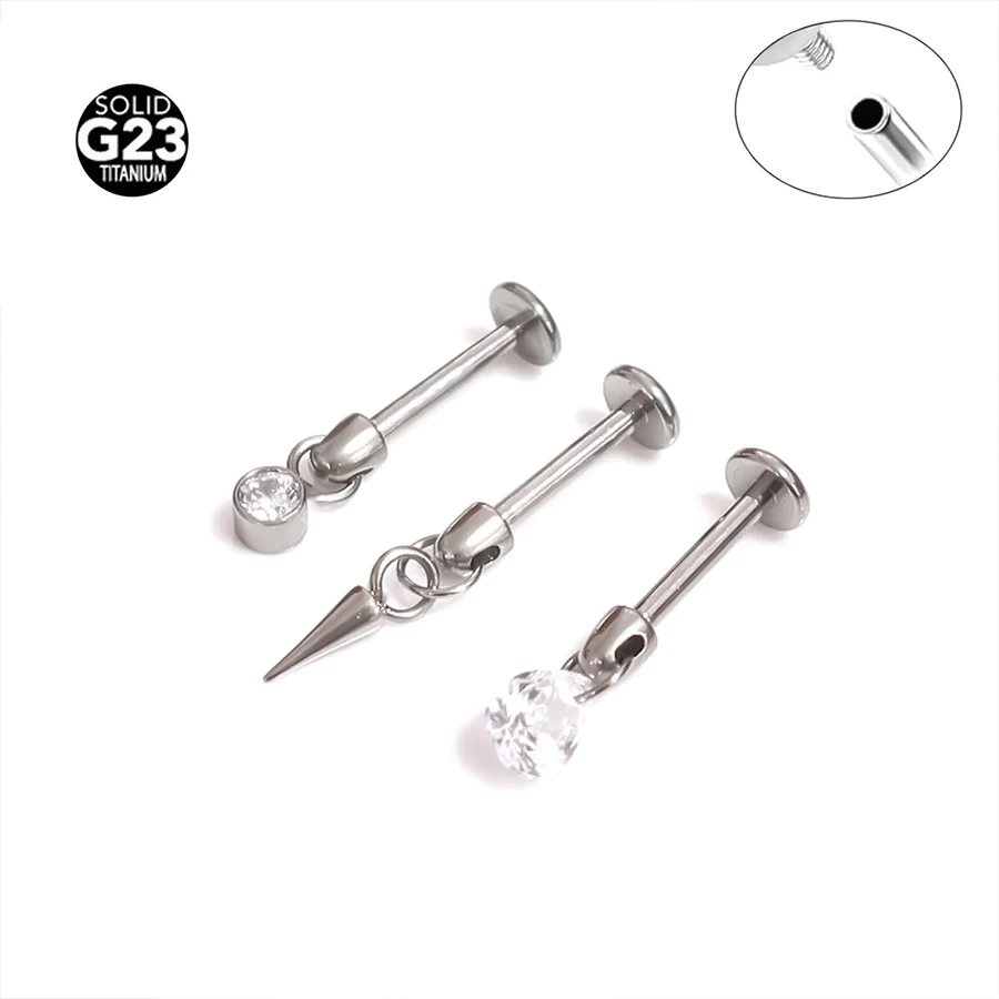 F136 Titanium Alloy Earrings Pointed Cone Water Drop Zirconia Pendant 16G Ear Bone Nail Bullet Shiny Lip Stud Piercing Jewelry