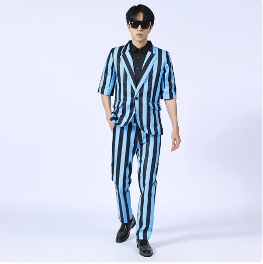 Male Blue Stripe Stage Costume Hip Hop Clothes Nightclub Suit Street Dance Wear Bar Gogo Dancer Performance Clothing