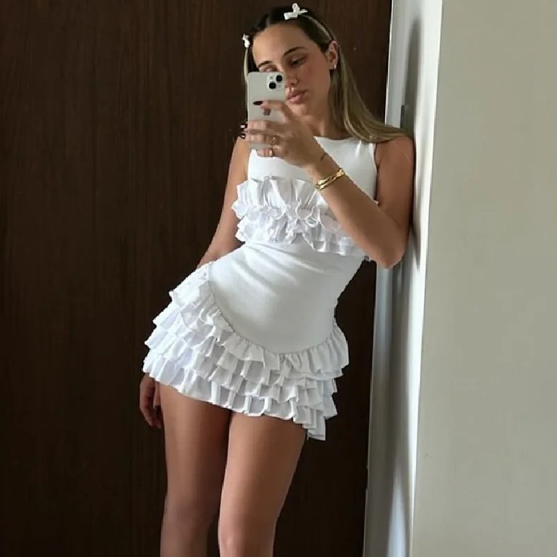 

Backless Bandage Ruffle Hem Short Dress Summer Fashion Women White Sexy Sleeveless Slim Mini Dresses Party Club Female Clothing