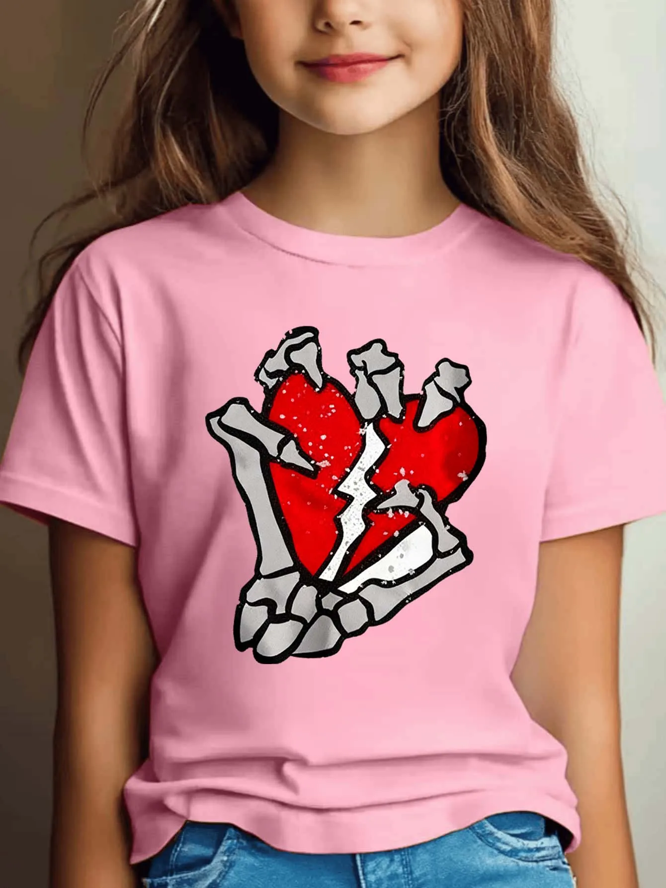 Cute Skeleton Broken Heart Print Graphic Kids Tee Boys Girls Family Matching Cotton Crew Neck Short Sleeve Soft Summer Tee