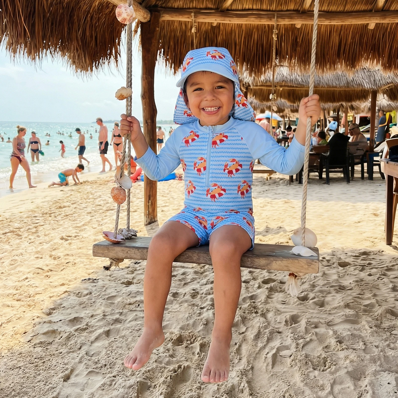 Boys' Rash Guard Set, 3 Piece Quick Dry Swimsuit Suit, Crab Print Long Sleeve Tops Swim Trunks Sun Cap Bathing Suit 0-5T