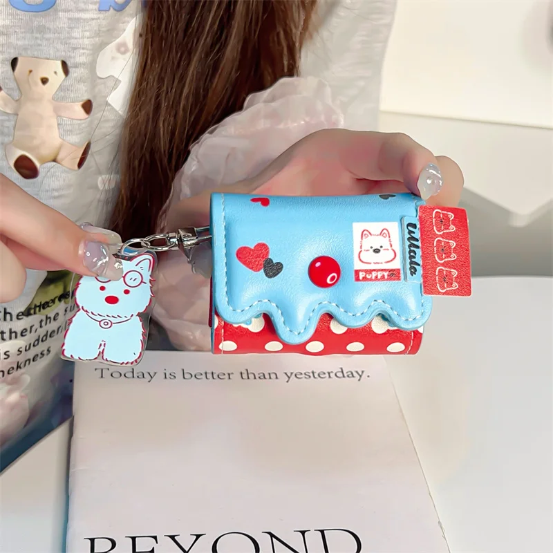 

For AirPods 4 Pro 2 3 1 Ins Cute Polka Dot Earphone Case Cover with Puppy Charm Pu Leather Headphone Charging Box For AirPod Pro