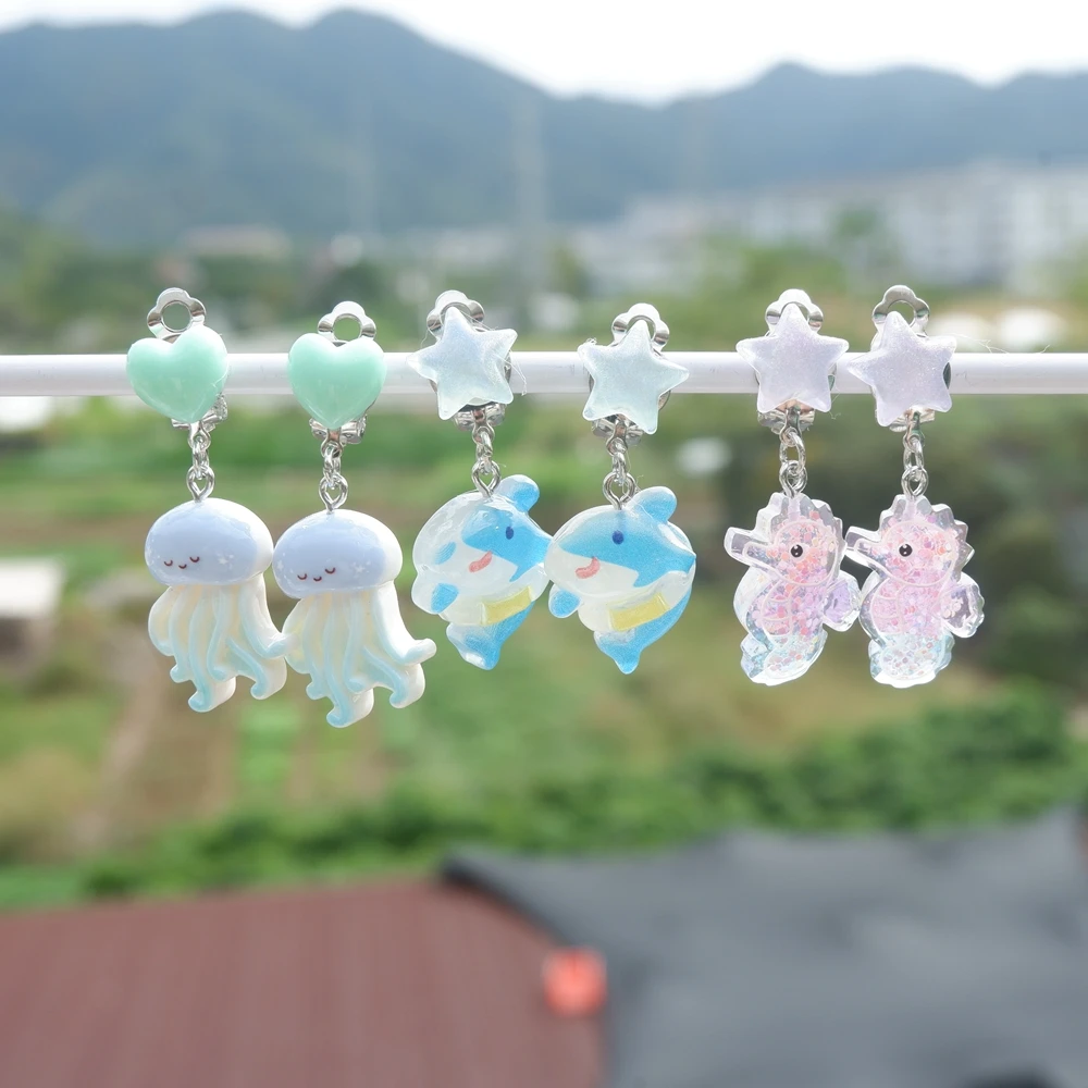 Cute Sea Turtle Seahorse Shark Earclip Girl's Ear Clip Without Ear Holes Cartoon Earrings Ear Jewelry