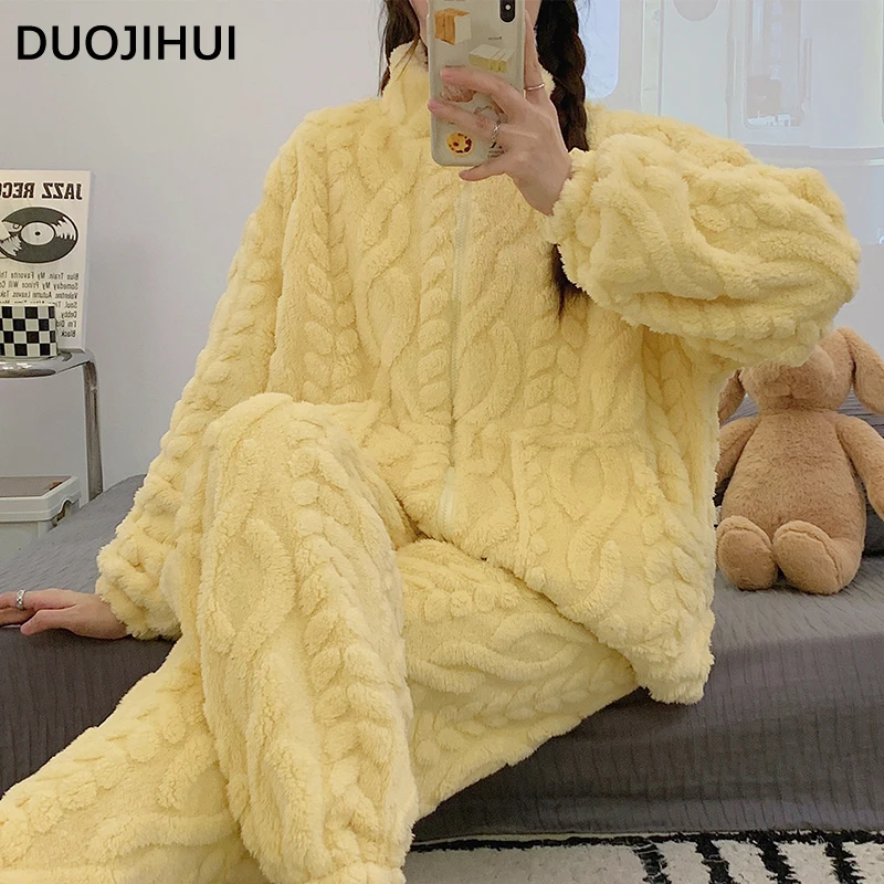 DUOJIHUI Yellow Winter Thick Warm Soft Flannel Female Pajamas Sets New Loose Simple Pure Color Fashion Pocket Pajamas for Women