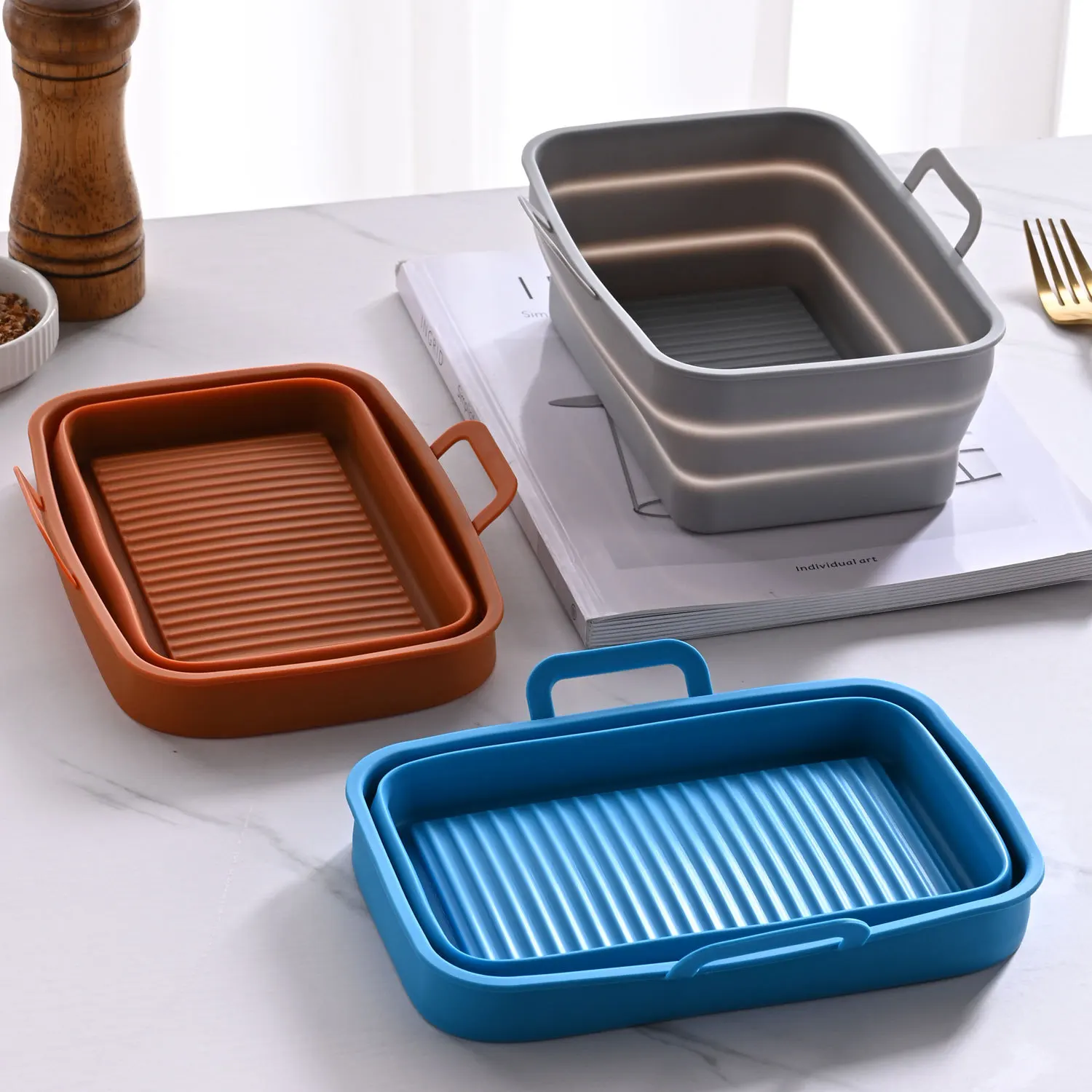 Rectangular Air Fryer Liners With Silicone Anti-Scalding Clip Baking Tray For Ninja Double Basket Foldable Silicone Fryer Plate