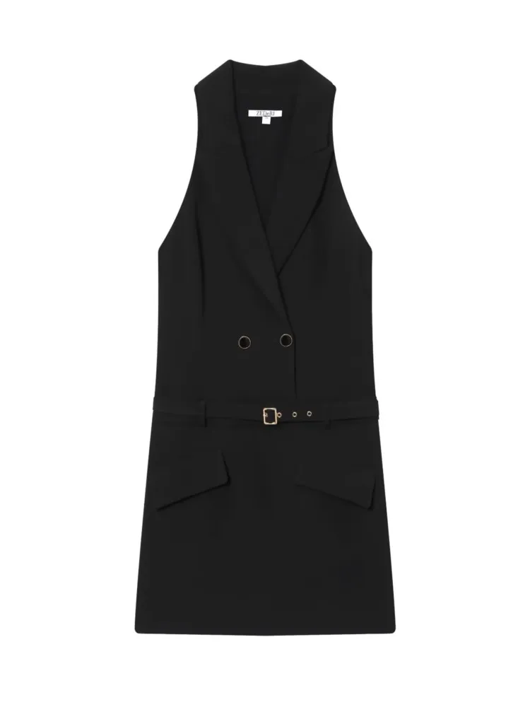 女性ミニブレザーエフェクトドレスベルト付き秋ホルターネック女性のドレスダブルブレストロングドレスオフィスレディ女性ドレス