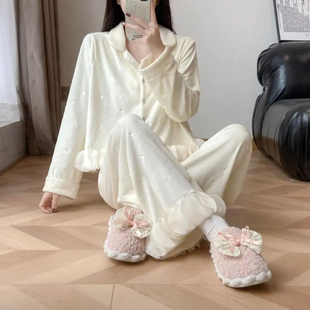 

Fashion Long Sleeve Plush Bow Pajamas Set Sweet Winter Velvet Pajamas Suit Home Wear Long Sleeves Warm Thicken Sleepwear Women