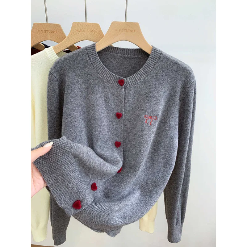 Autumn New Fashionable Comfortable Embroidered Bow Solid Color Long Sleeved Knitted Cardigan Women's Sweater