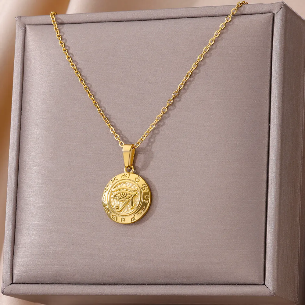 Gold Color Eye of Horus Necklace For Women Stainless Steel Egyptian Evil Eye Necklace Ancient Egypt Inspired Jewelry Party Gift