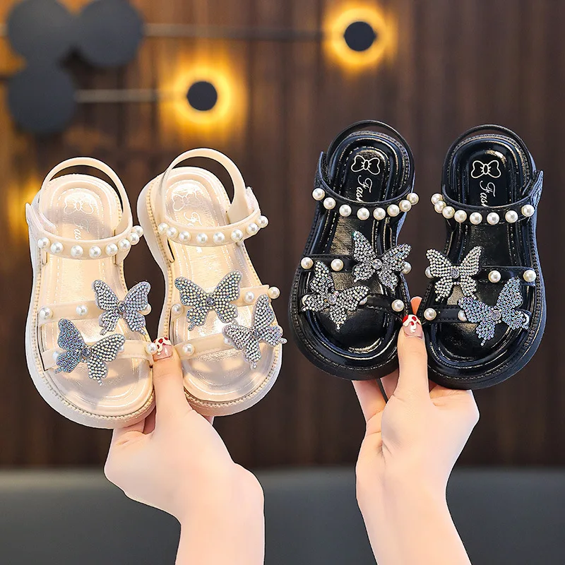Summer Children Sandals Breathable Open Toe Strap Beach Shoes Kids Casual Sandals Girl Bow Pearl Glitter Casual Princess Sandals