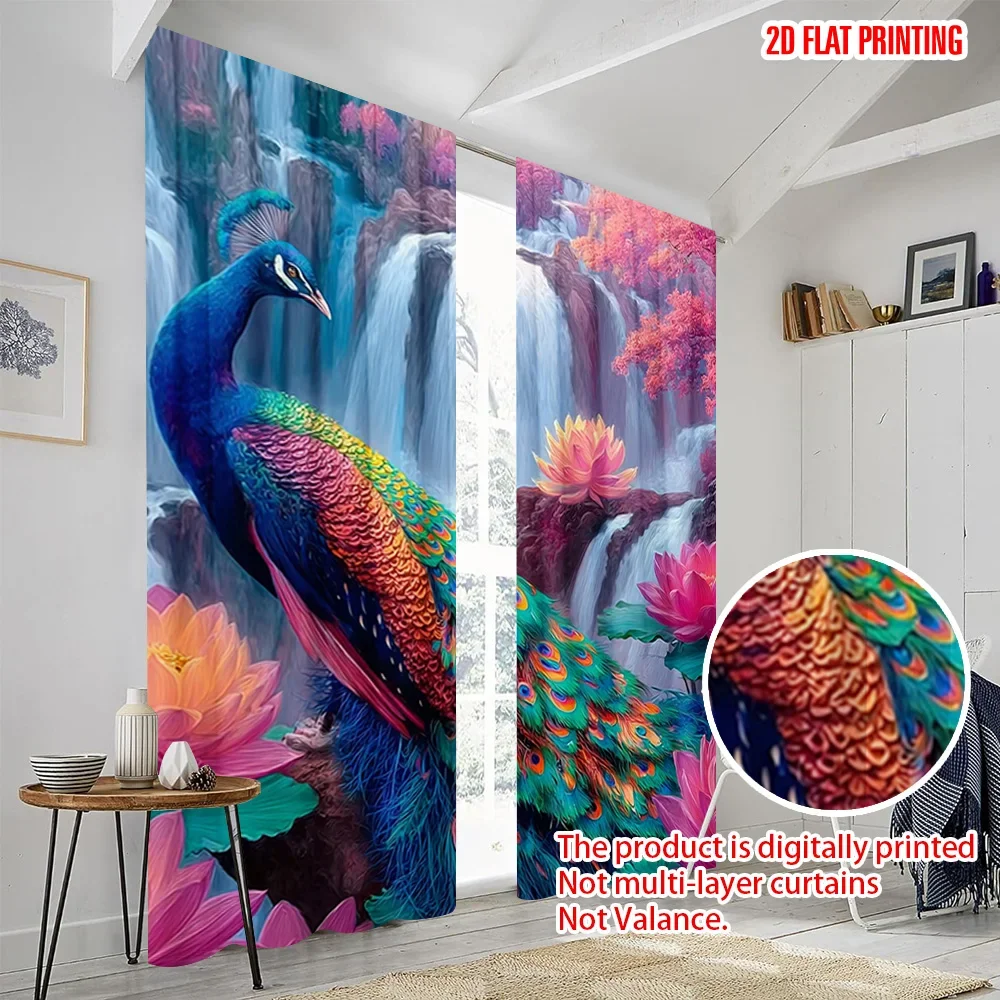 2 قطعة، ستائر طباعة طائرة ثنائية الأبعاد مطبوعة رقمية ملونة تصميم طاووس بوليستر سهل التركيب (بدون قضيب) ديكورات لـ #2