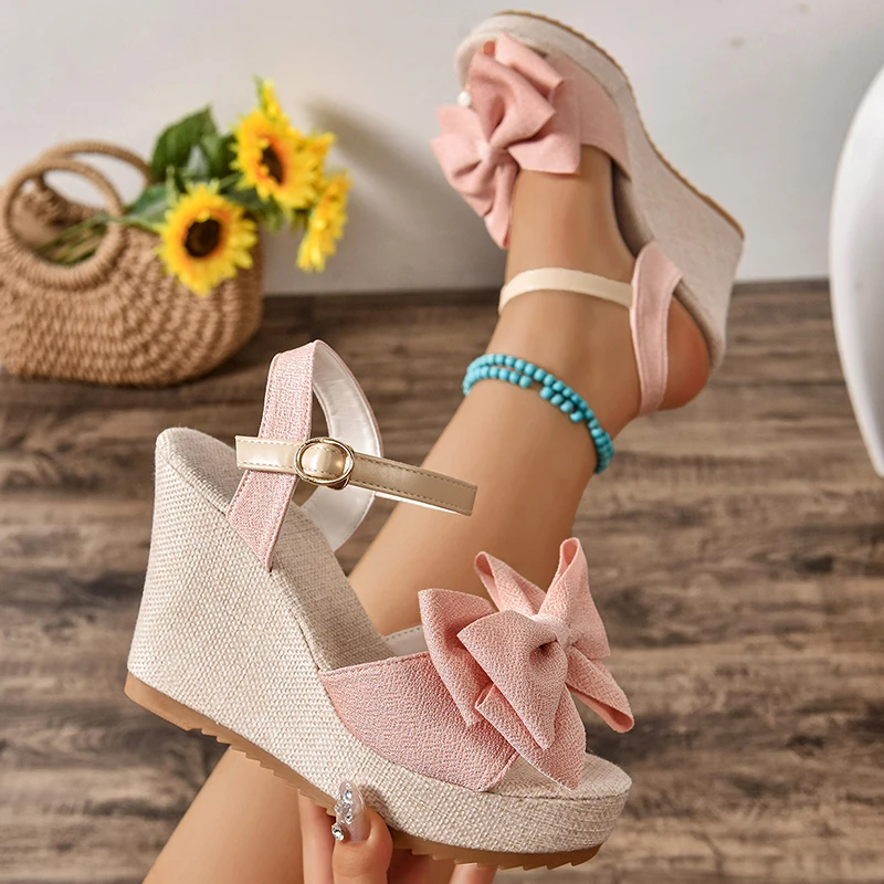 Sandalias de Plataforma con Lazo Grande Rosa para Mujer, Sandalias de Verano 2026 con Correa en el Tobillo y Suela Gruesa, Zapatos Casuales de Esparto para Mujer