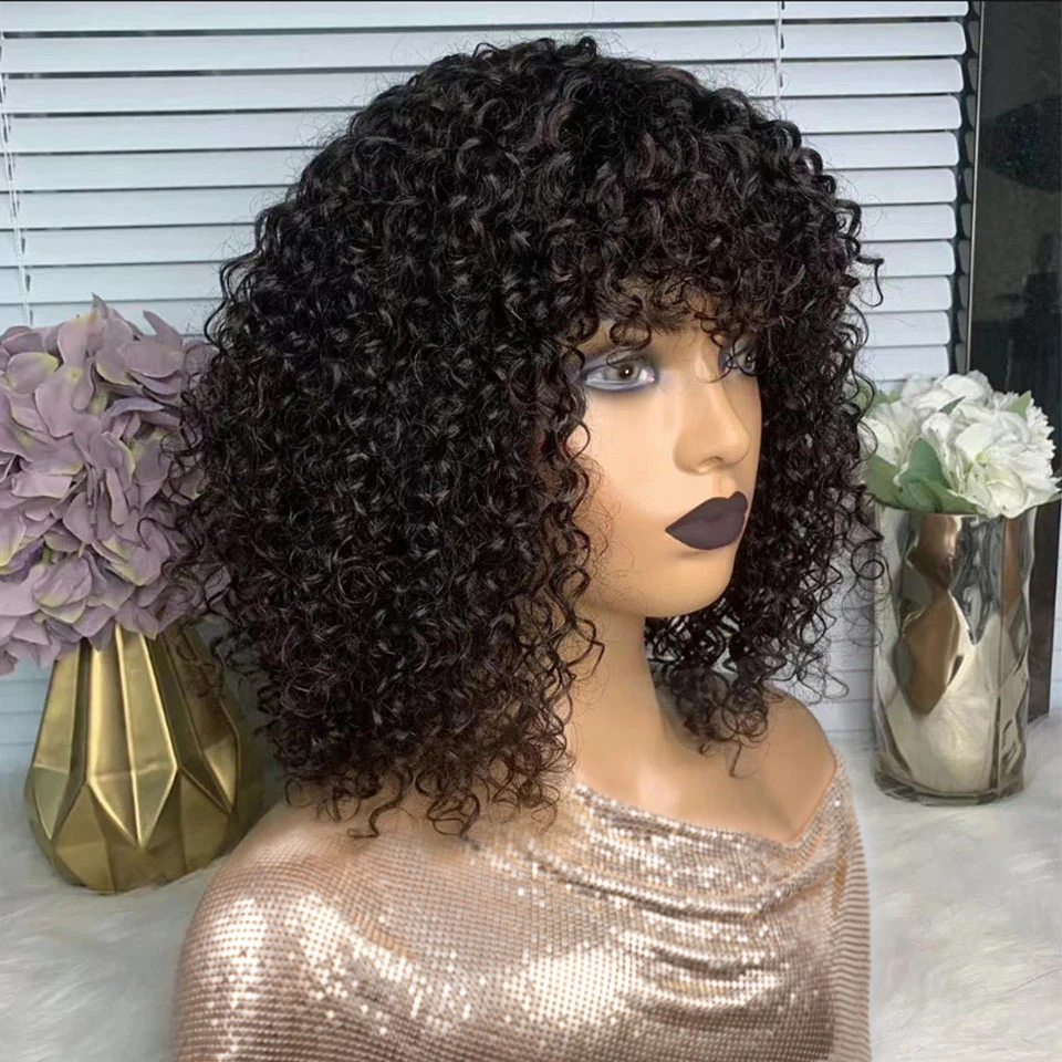 Black Pearl Curly Wigs Perruques Cheveux Humains Fringe Wig Jerry Curly Wig With Bangs Human Hair Short Pixie Cut Wigs Human Hai