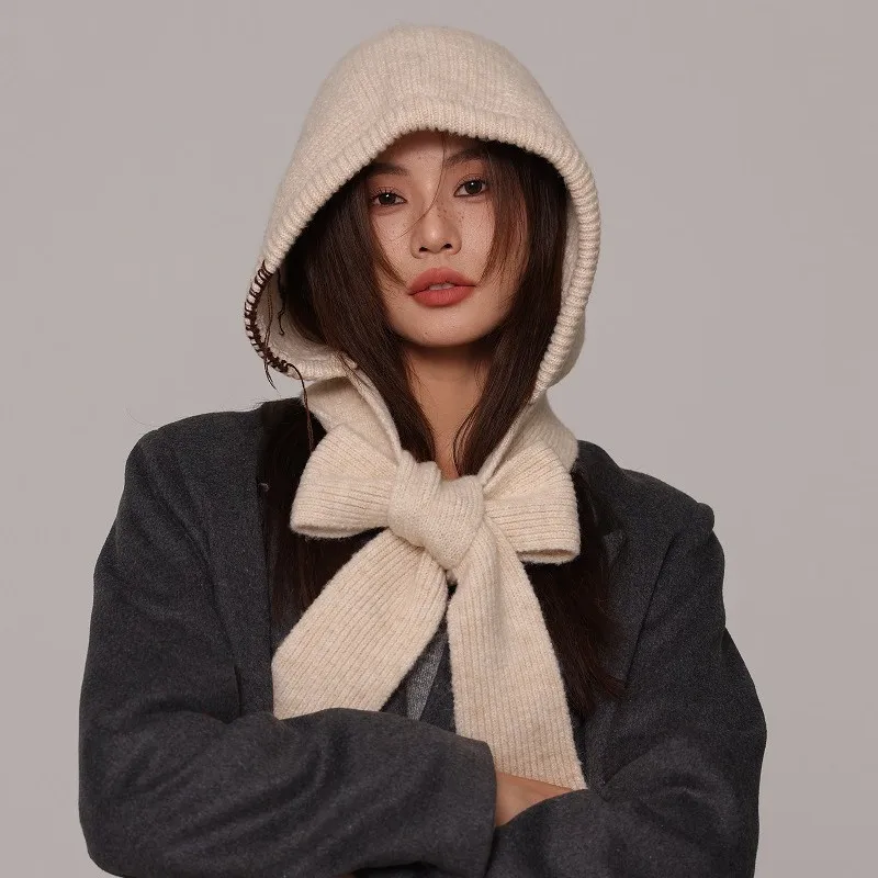 New Womens Solid Color Knitted Hat Shawl Two in One Thickened Warm Neck Warmer Scarf for Autumn Winter Outerwear Accessory