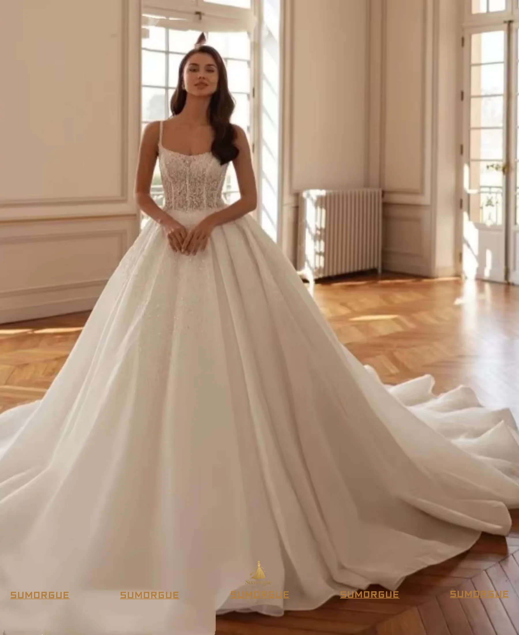 Sparkly Gorgeous Princess A Line WeddingDress Lace Applique Beaded Pearls Bride Bridal Gown high-end Customized Vestido de novia