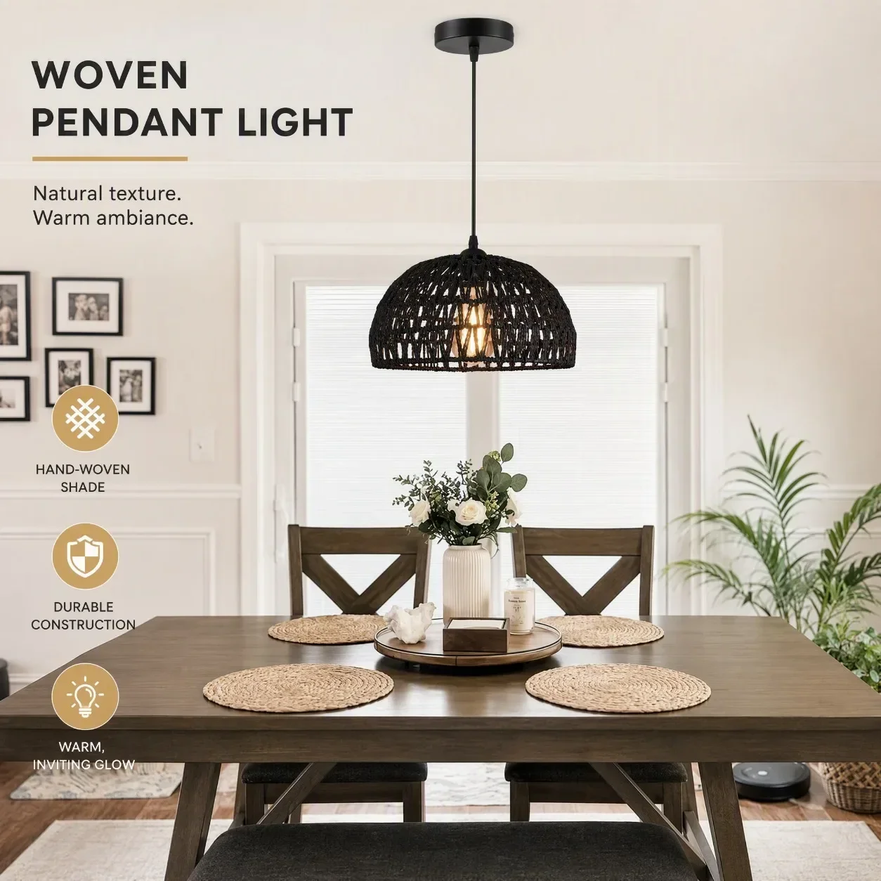 JOYINLED Modern 30CM Black Wicker Pendant Light E27 Boho Woven Hanging Lamp for Nursery Bedroom Natural Rattan Home Decor