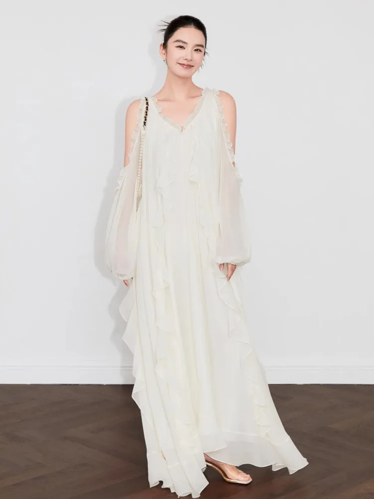 DFDG Damska Sukienka Maxi Minimalistyczna na Wiosnę Lato 2025, Odkryte Ramiona, Marszczenia, Długi Rękaw, Falbanki, Luźna, Wyszczuplająca Sukienka Wakacyjna