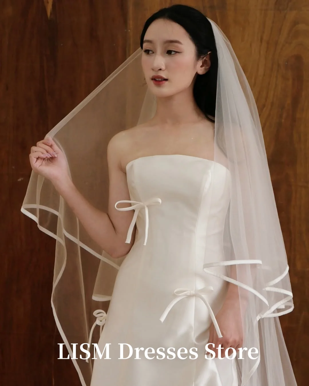 LISM Strapless Sweet Korea Wedding Dress A-Line Simple Ribbons Photo Shoot Silk Satin Elegant Bridal Gowns 웨딩드레스 Customized