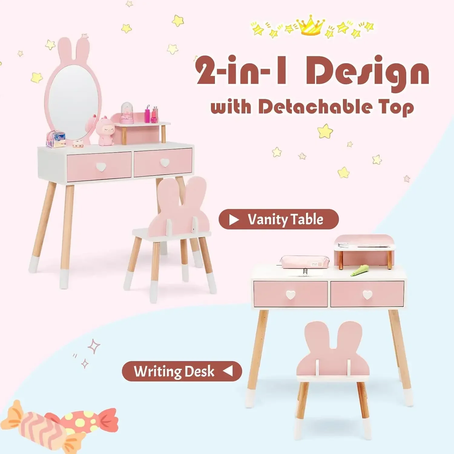 INFANS Kids Vanity Set, 2 in 1 Wooden Princess Makeup Table and Chair with Mirror Storage Drawers Shelf, for Little Girls, Rabbi