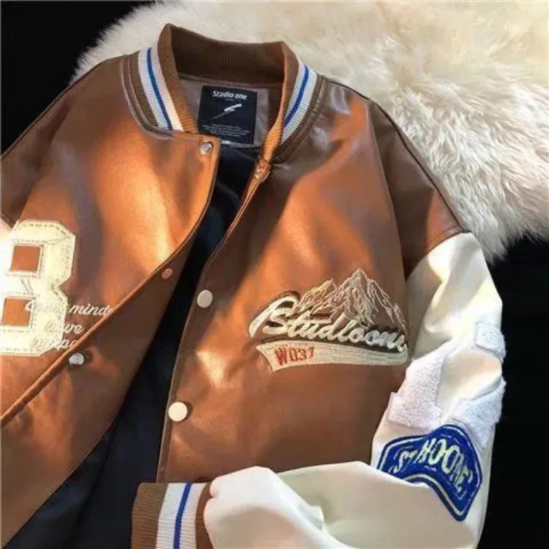 2026 2024 New American Retro High PU Leather Baseball Uniform Men And Women Y2K Couple Bomber Jacket Top Street Casual Ja view 4
