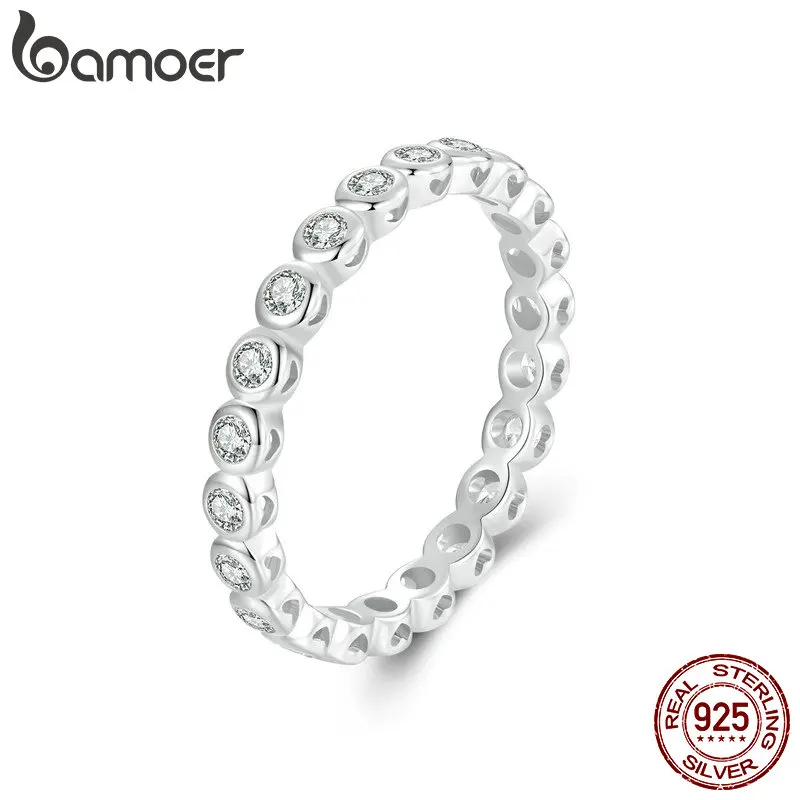 BAMOER White Gold Plated Bubble Ring for Women, 925 Sterling Silver Bezel Set Moissanite Ring Matching Full Wedding Band