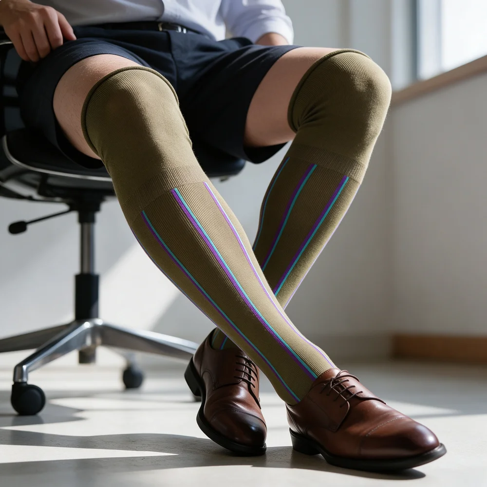 Men Thigh High Socks Over Knee Sheer Vertical Stripe Dress Sock Business Formal Cotton Stockings for Suit Office