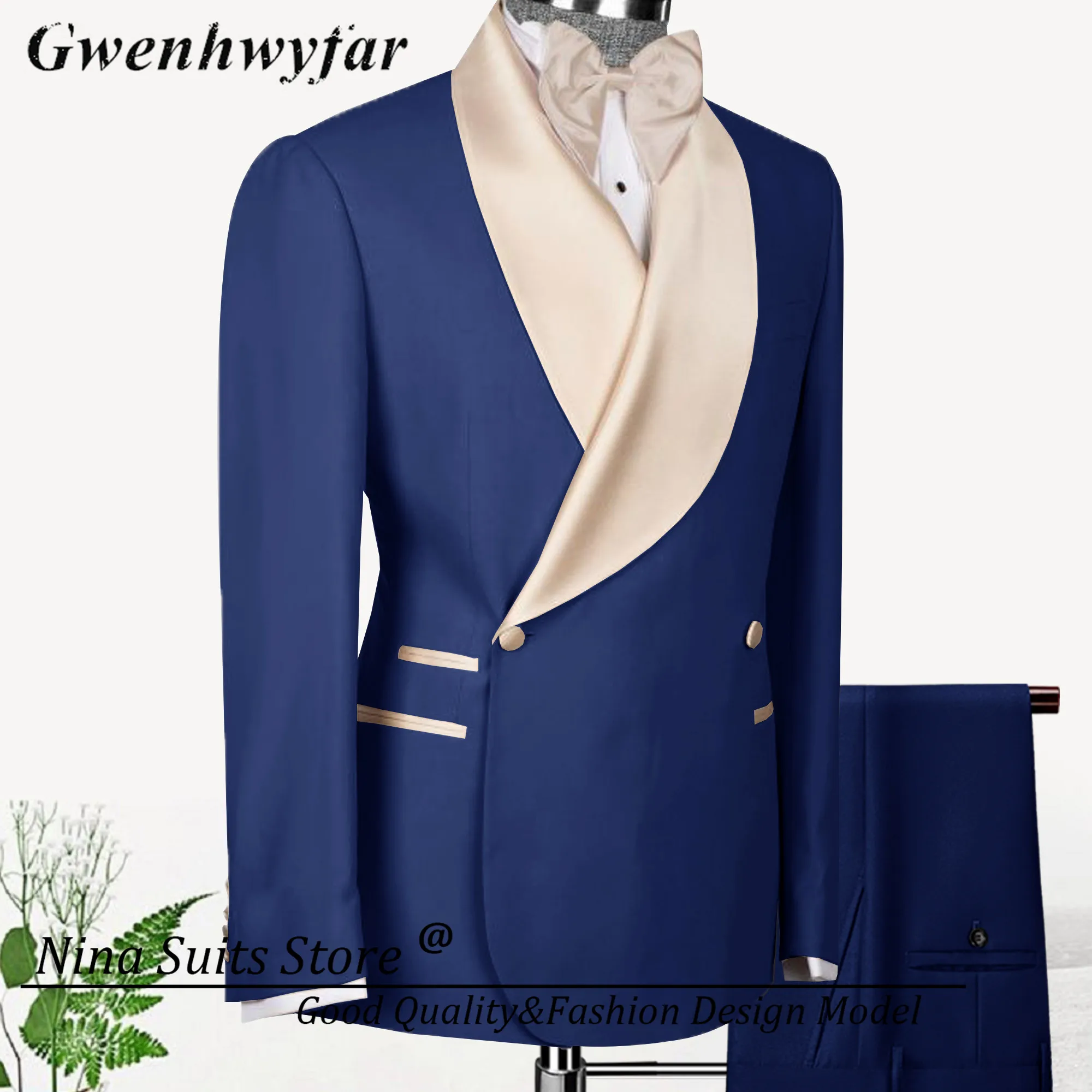 Nina Store Double Breasted Suits for Men Navy Blue Blazer Pants 2026 Formal Champagne Lapel Party Wear Costume Homme for Wedding