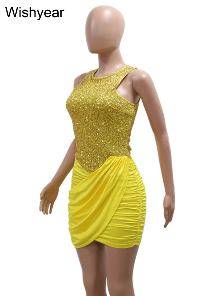 New Fashion Yellow Sequins Patchwork Irregular Ruched Bodycon Birthday Club Dresses for Women Sleeveless O-neck Evening Vestidos