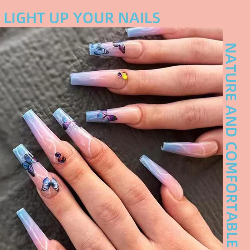 

Butterfly Garden Handmade Press on Nails Wearing Armor Blue Pink Gradient Dyeing Hand drawn Extra Long Ballet Armor Nail Art