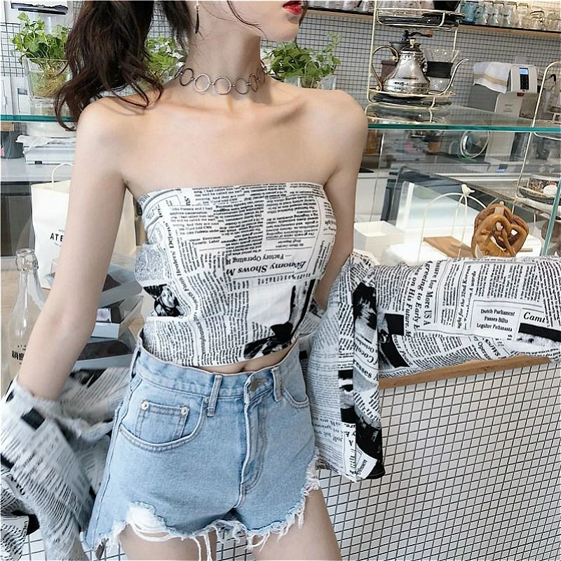 Shirts Women Long Sleeve Newspaper-print Chic Harajuku Streetwear Stylish Womens Students Vintage Sun-proof Casual Retro Trendy