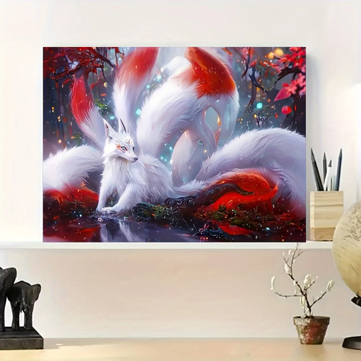 1pc Mystical Nine Tailed Fox Red Fantasy Forest Tapestry Wall Hanging for Bedroom Living Room Decor Mythical Creature Art Print