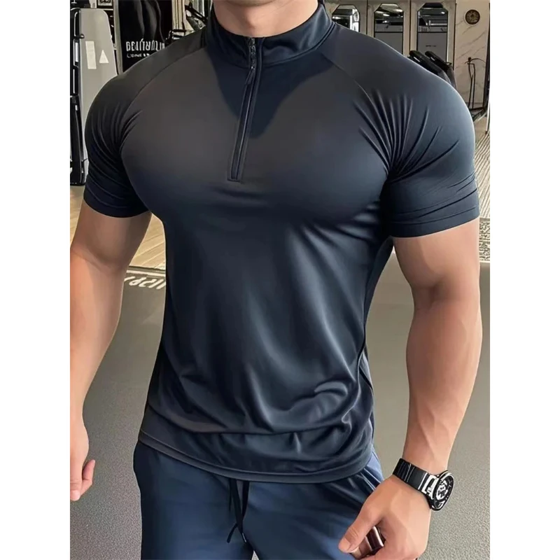 NEW Men's sports T-shirt Quick Dry Elastic Training t Shirt Men Fitness short sleeve pullover Half-zipper round neck Tights Tops