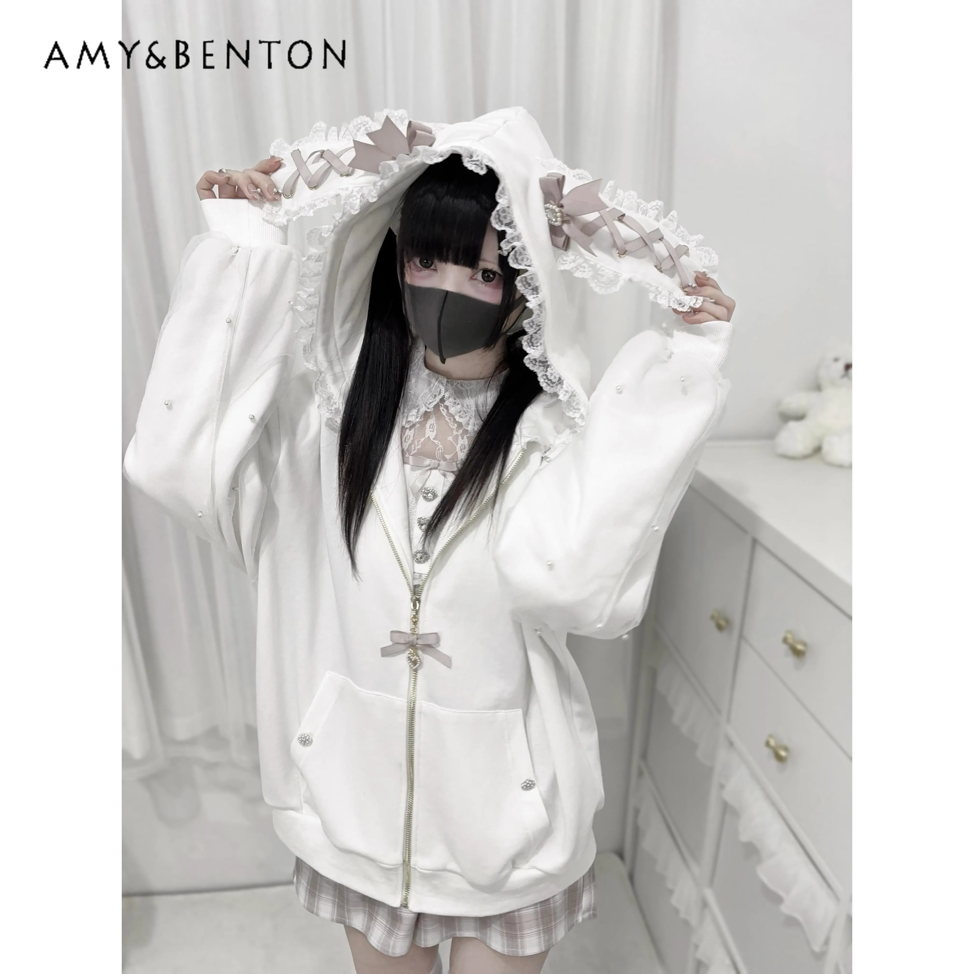 Sweet Straps Rabbit Ears Hooded Bow Pearl Long-sleeved Jacket Japanese Style Mine Mass-produced Cute Oversized Zip Up Jackets