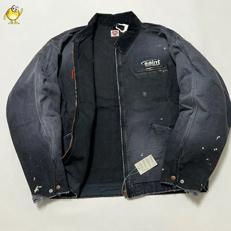 Chaqueta Saint DETROIT lavada con bolsillo bordado y cremallera para hombre y mujer, abrigos de calle de otoño e invierno con grafiti Vintage de alta calidad