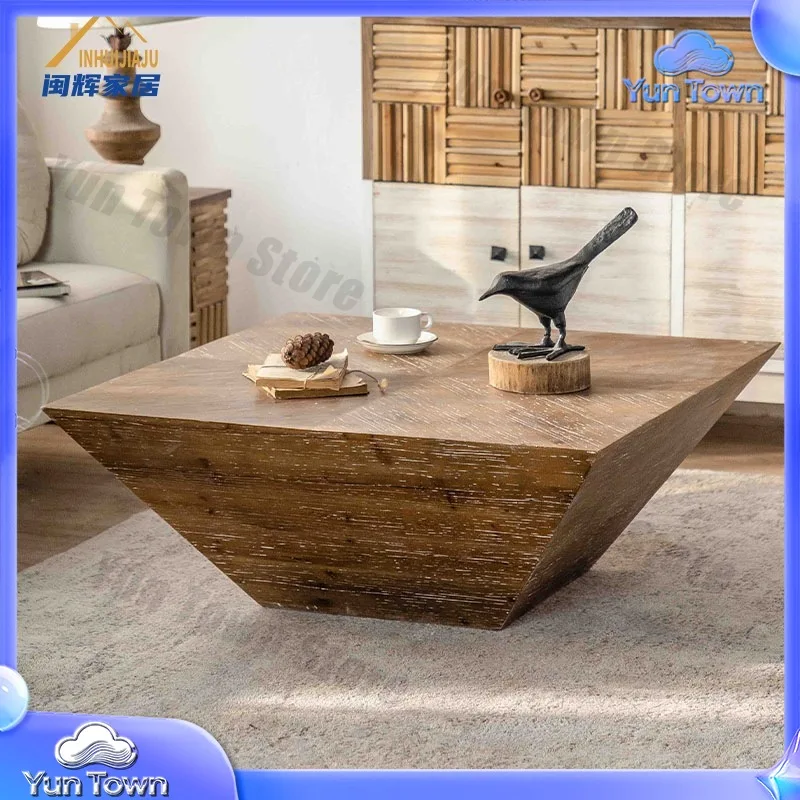 Wabi Sabi Vintage Distressed Solid Wood Coffee Table for Small Living Room Sofa Side Table for Hotel Wooden End Table for