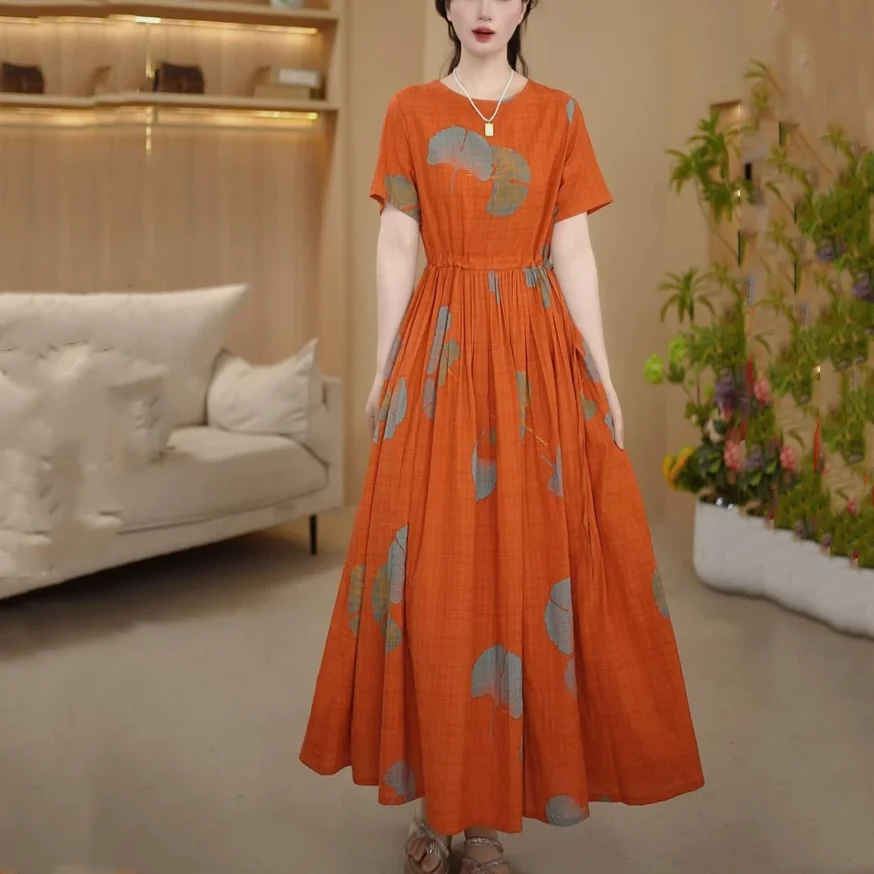 

Floral cotton and linen dress women's summer round neck new literary loose temperament printed short-sleeved big swing dress