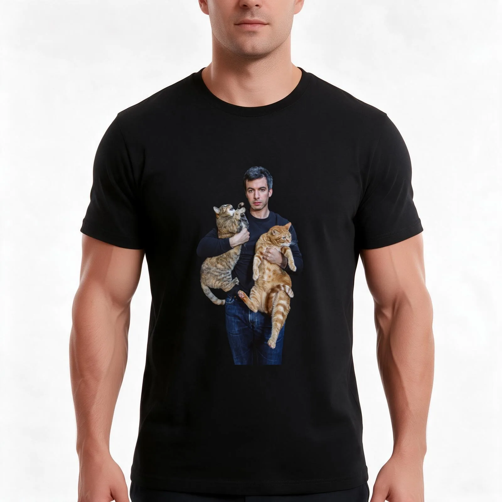 Nathan Fielder and His Cats T-Shirt, Summer Casual Cotton Tee, Oversized Streetwear Tops, Vintage Graphic Print, 100% Cotton
