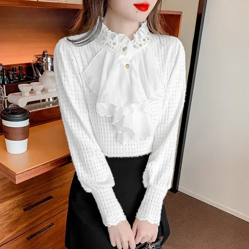 Sweet Ruffle Lace Shirt Autumn Fashion Long Sleeve Chiffon Shirt Casual Diamond Design Bottoming Age Reducing Top Blusas 29715