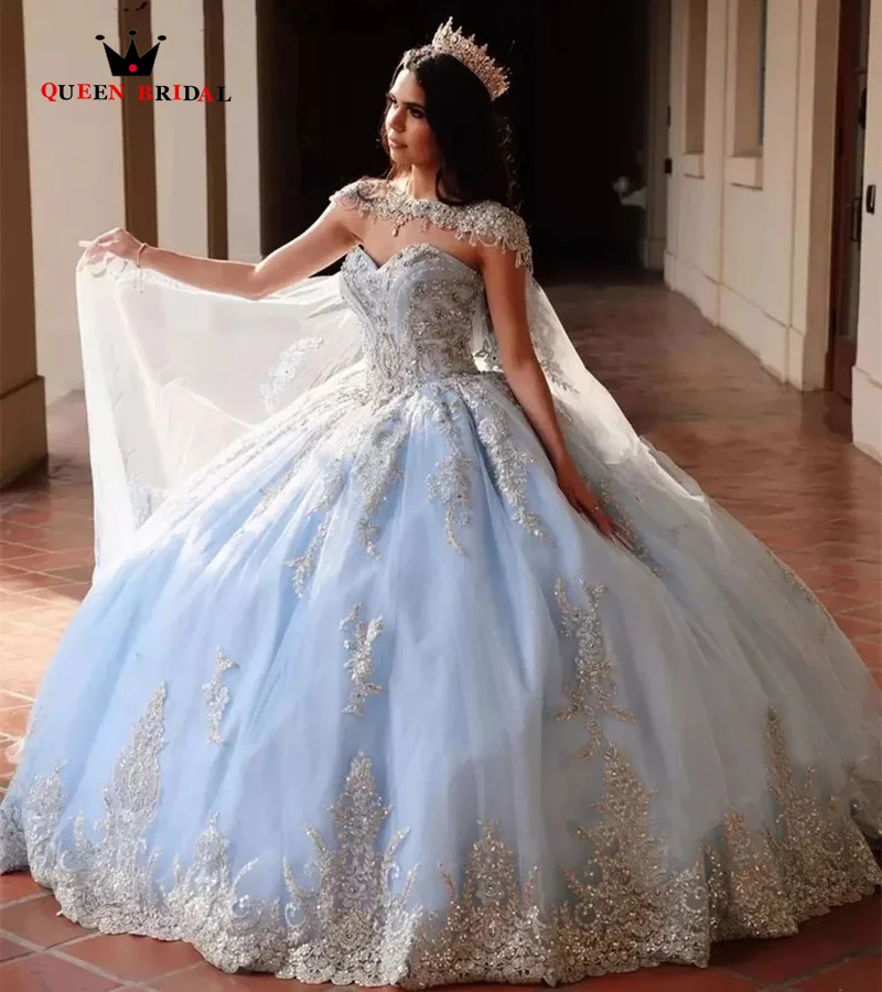 Vestido de quinceañera azul claro, vestido de fiesta de cumpleaños de tul con encaje, vestido de graduación con capa VF39